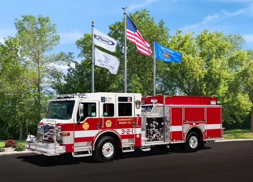 Pierce Dash pumper driver-side profile showing pump panel controls and body compartments